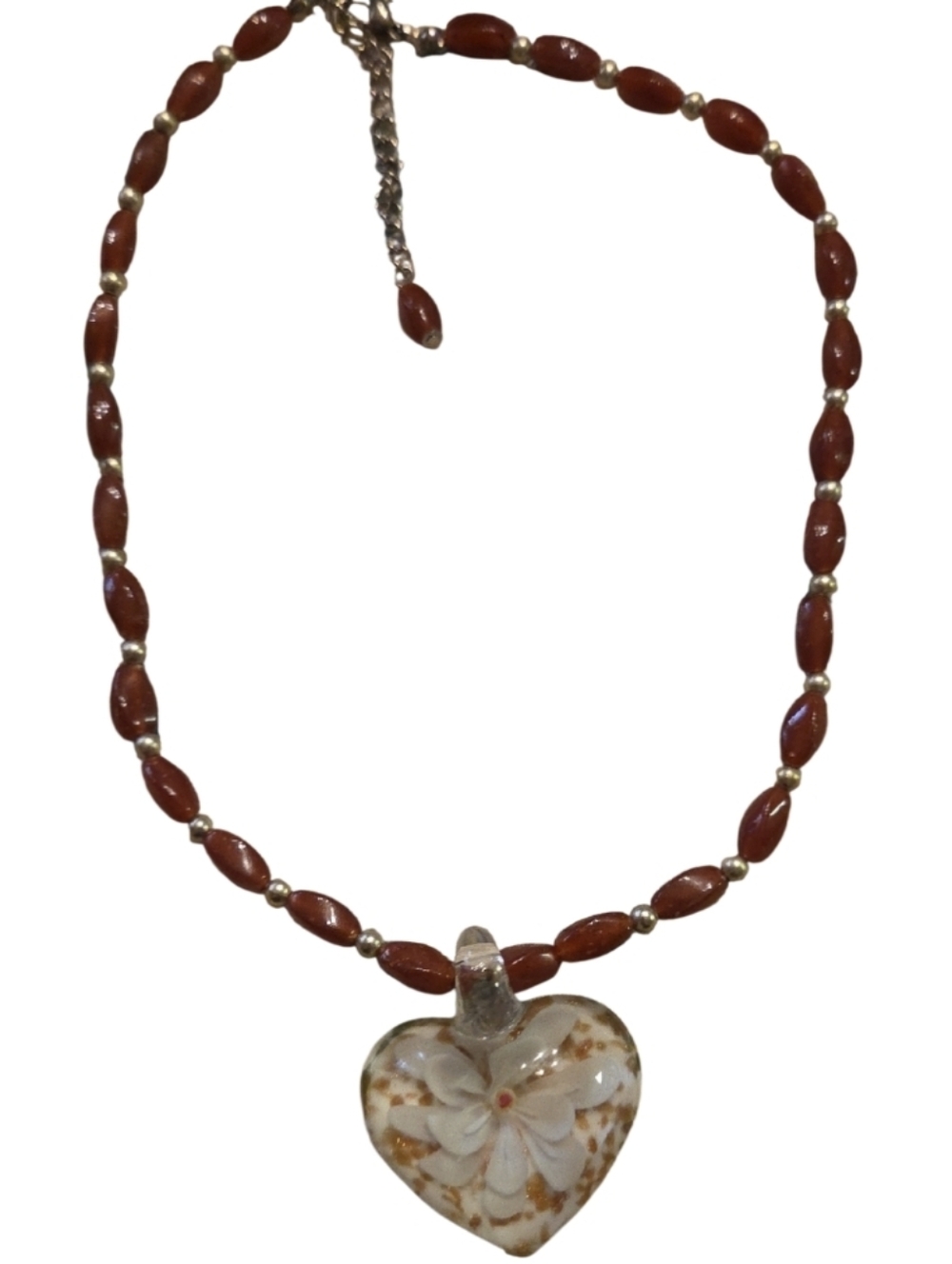 Handmade Brown Glass Bead Necklace with Floral Heart Pendant